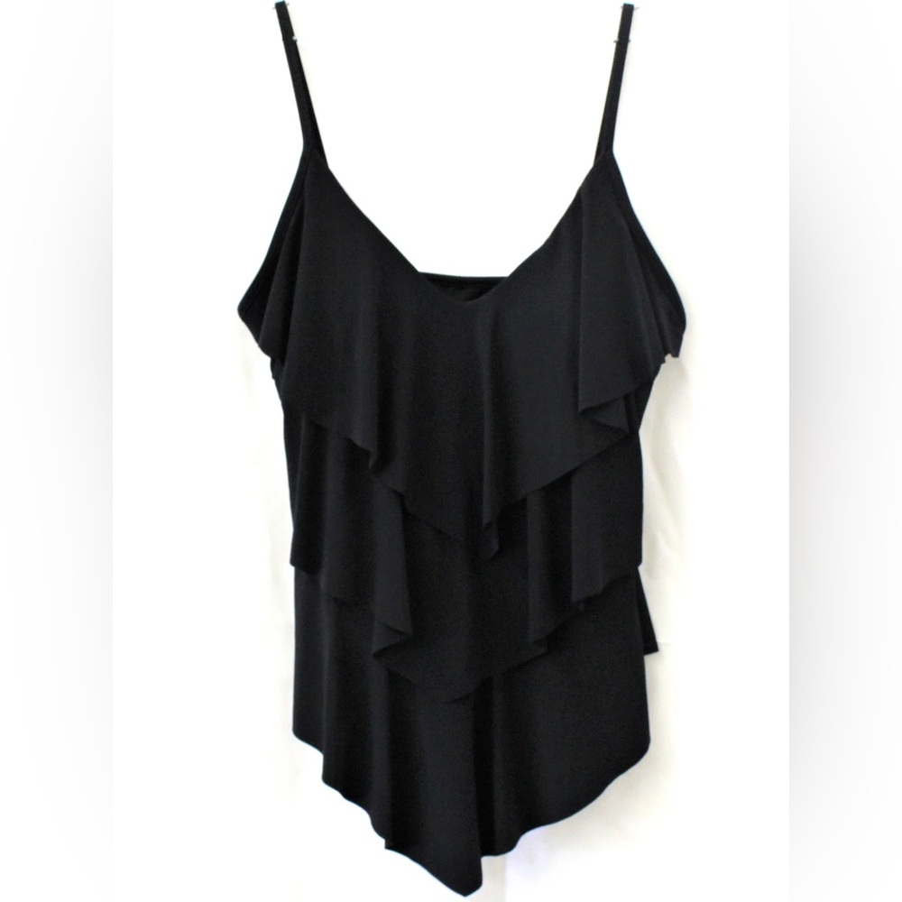 Magicsuit Tiered Ruffled Angled Tankini Swim Top Black Stretch Compression sz 12 - Picture 2 of 10